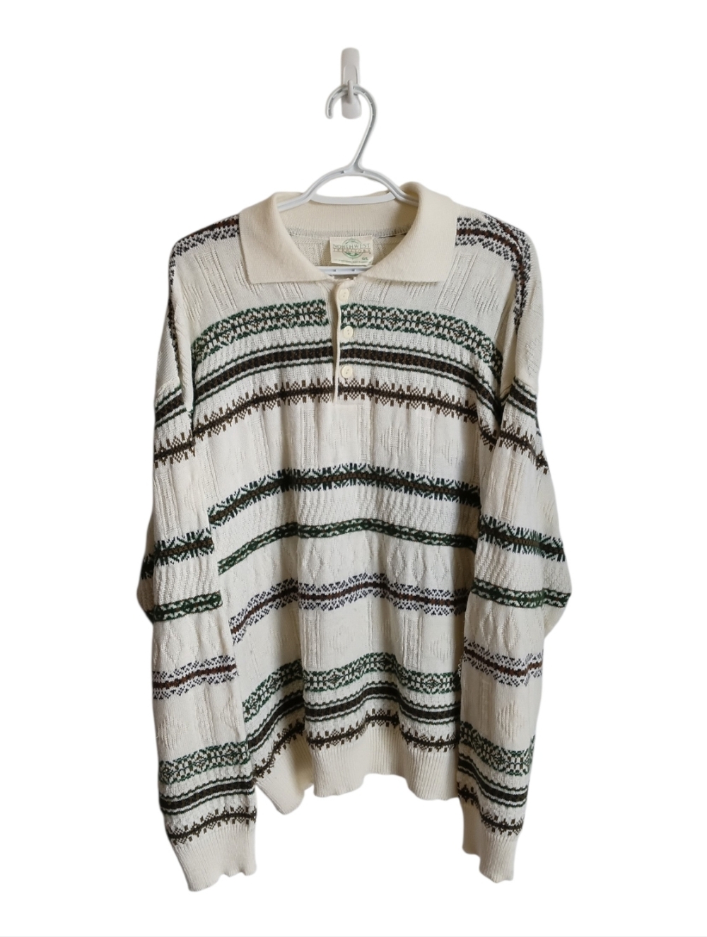 Vintage Northwest Territory Cream Striped Knit Polo Sweater with Green & Brown